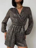 Full Size Sequin Surplice Tie Waist Long Sleeve Romper - Trendsi - Flyclothing LLC