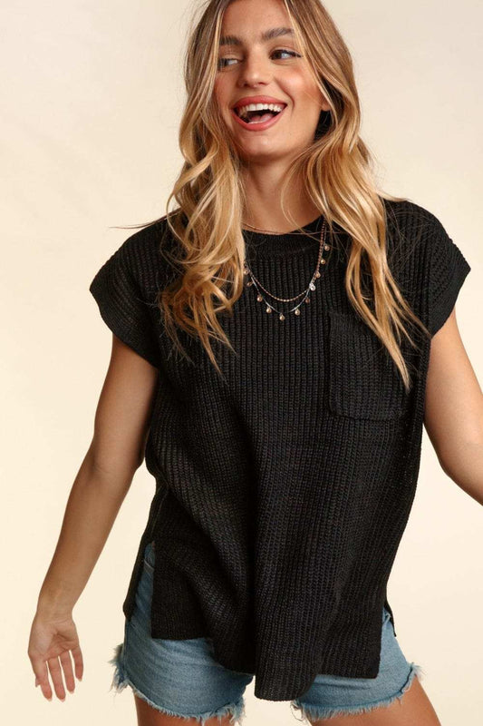 Haptics Pocketed Round Neck Cap Sleeve Knit Top - Trendsi - Flyclothing LLC