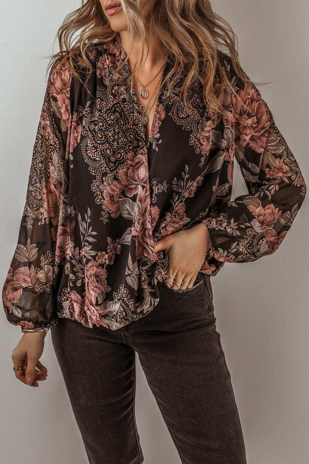 Printed Surplice Long Sleeve Blouse - Trendsi - Flyclothing LLC