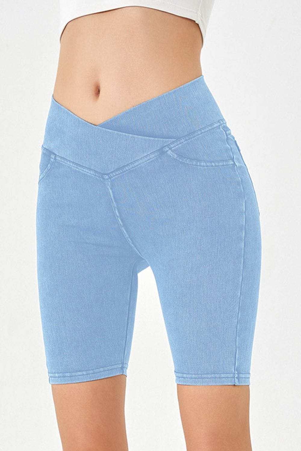 Basic Bae Asymmetrical Waist Denim Shorts with Pockets - Trendsi - Flyclothing LLC