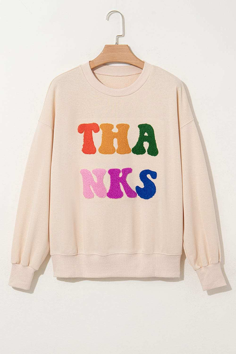 THANKS Round Neck Long Sleeve Sweatshirt - Trendsi - Flyclothing LLC