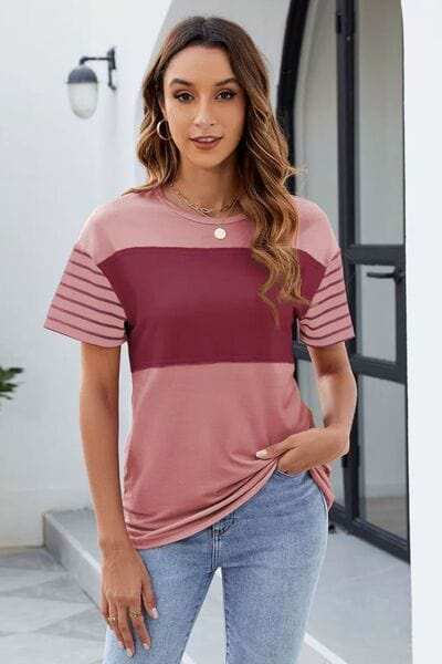 Color Block Round Neck Short Sleeve T-Shirt - Trendsi - Flyclothing LLC