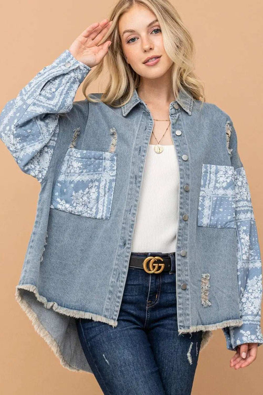 And The Why Full Size Paisley Print Quilted Sleeves Denim Jacket - Trendsi - Flyclothing LLC