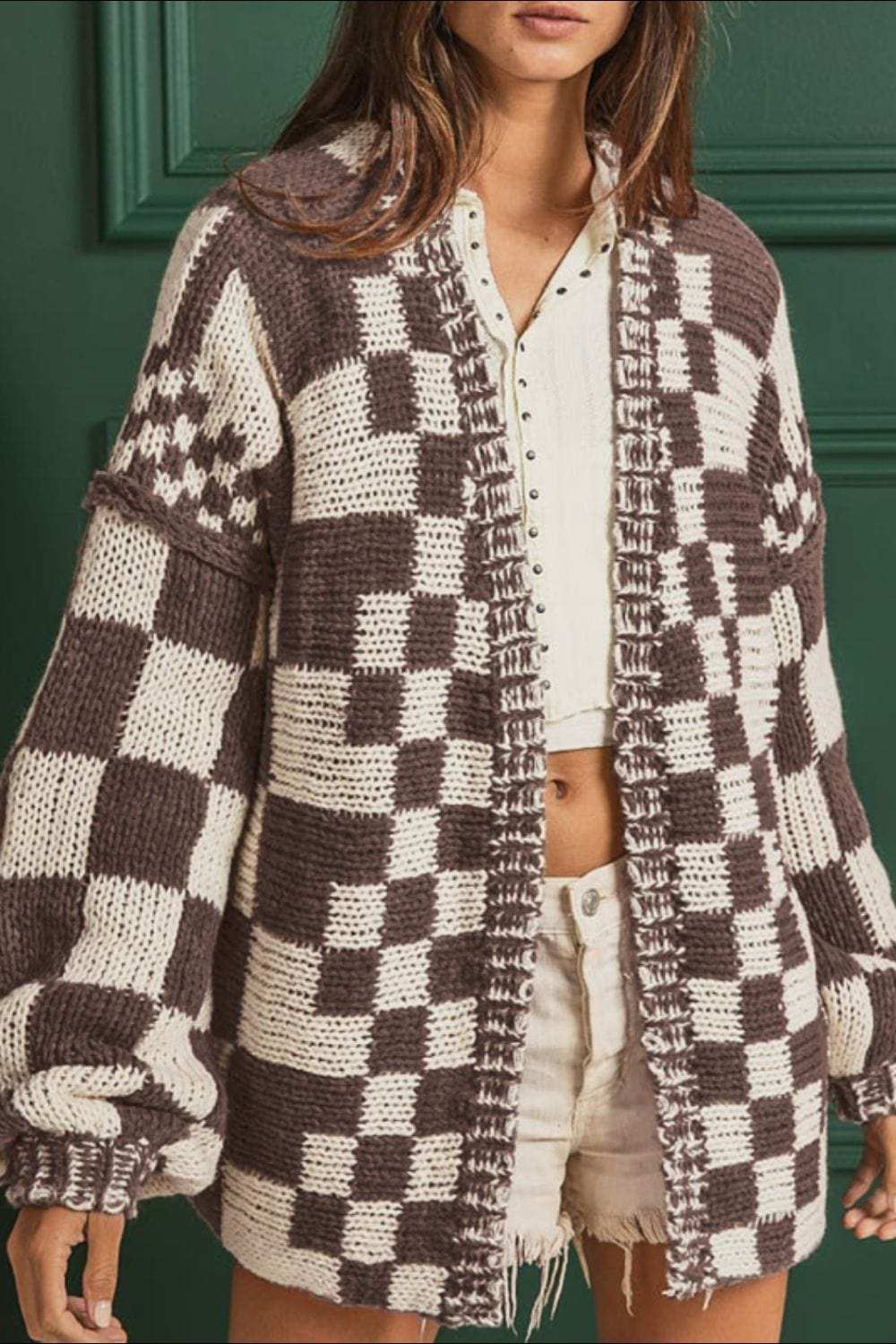 Checkered Open Front Long Sleeve Cardigan - Trendsi - Flyclothing LLC