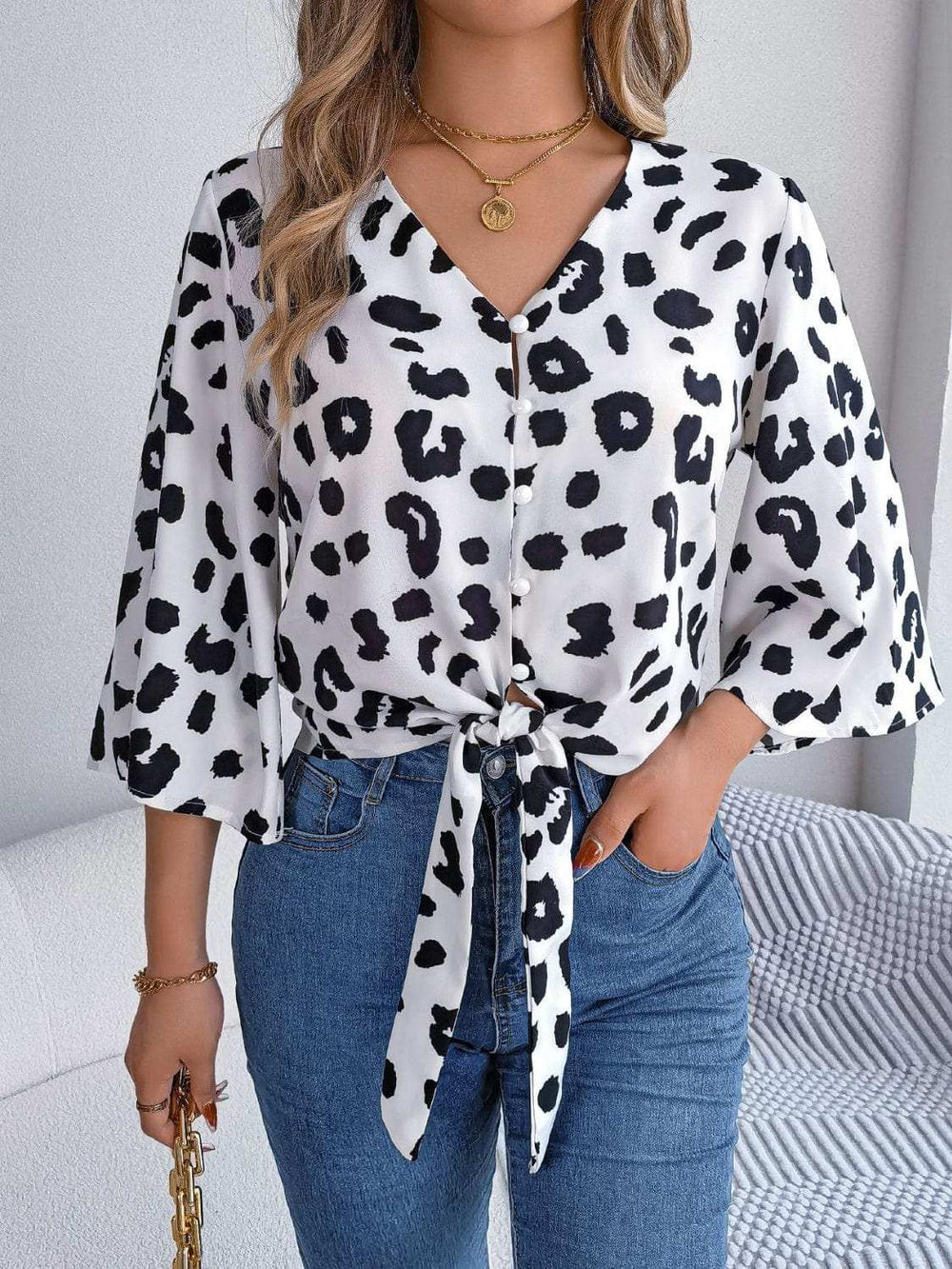 Tied Button Up Leopard V-Neck Blouse - Trendsi - Flyclothing LLC