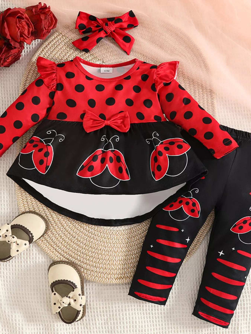 Children's Ladybug Print Ruffle Trim Top and Pants Set - Trendsi - Flyclothing LLC