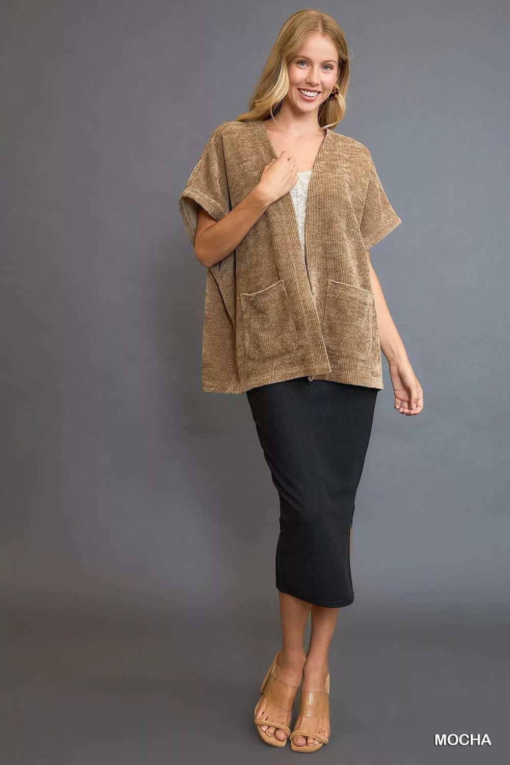 Umgee Open Front Knit Cardigan with Front Pockets - Trendsi - Flyclothing LLC