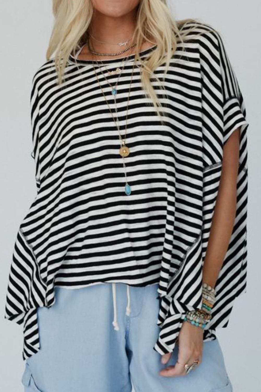 Stripe Batwing Sleeve Round Neck Oversized Top - Trendsi - Flyclothing LLC