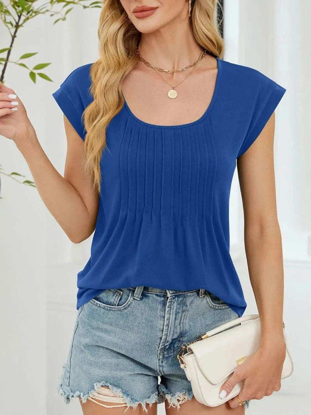 Pleated Front Scoop Neck T-Shirt - Trendsi - Flyclothing LLC