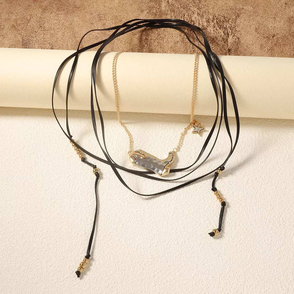 2 Piece Layered Leather Cord Boot Pendant Necklace - Trendsi - Flyclothing LLC