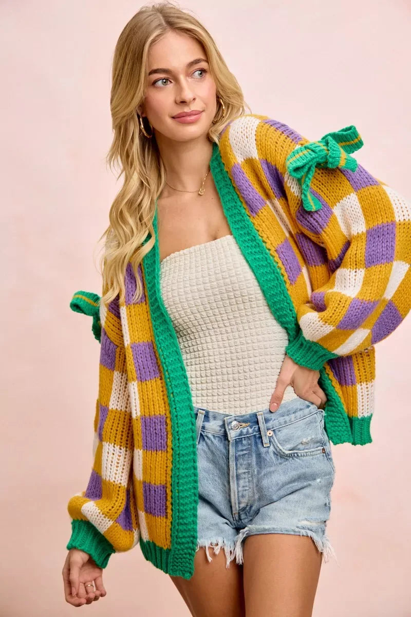 BiBi Mardigras Checker Board Front Open Cardigan - Trendsi - Flyclothing LLC