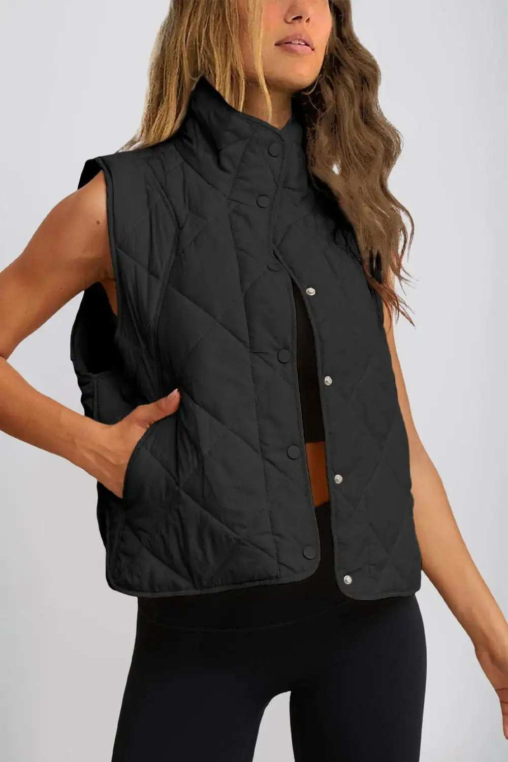 Snap Down Texture Vest Coat with Pockets - Trendsi - Flyclothing LLC