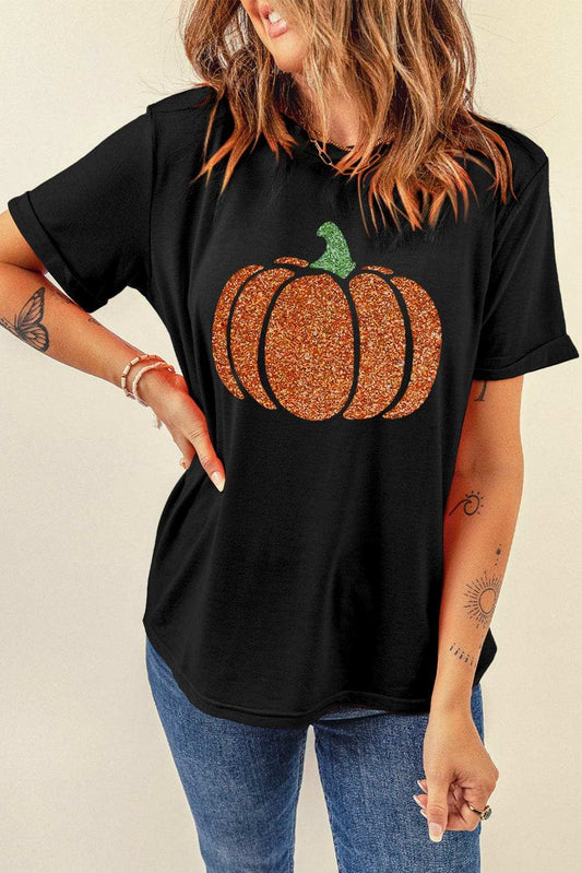 Glitter Pumpkin Round Neck Short Sleeve T-Shirt - Trendsi - Flyclothing LLC