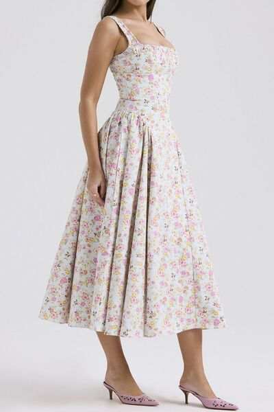 Floral Square Neck Wide Strap Midi Dress - Trendsi - Flyclothing LLC