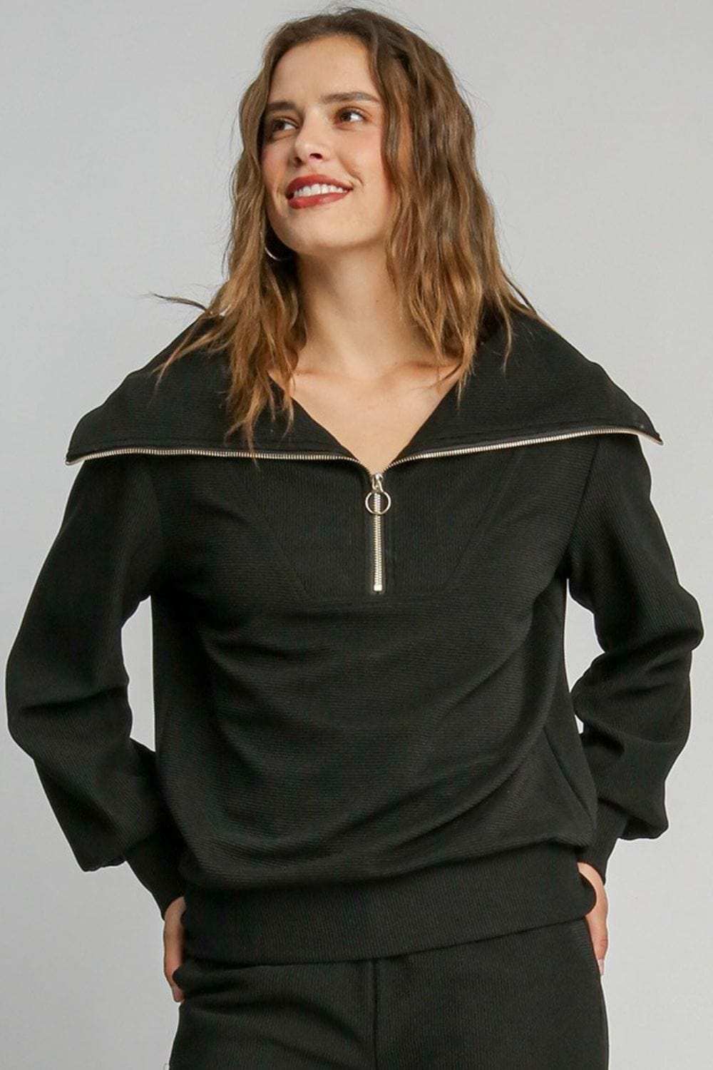 Umgee Full Size Ribbed Knit Half Zipper Sweatshirt Plus Size - Trendsi - Flyclothing LLC