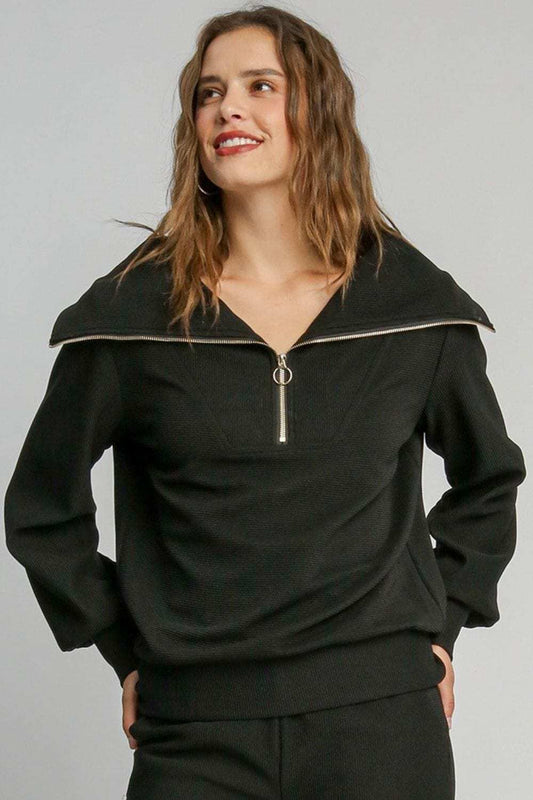 Umgee Full Size Ribbed Knit Half Zipper Sweatshirt Plus Size - Trendsi - Flyclothing LLC