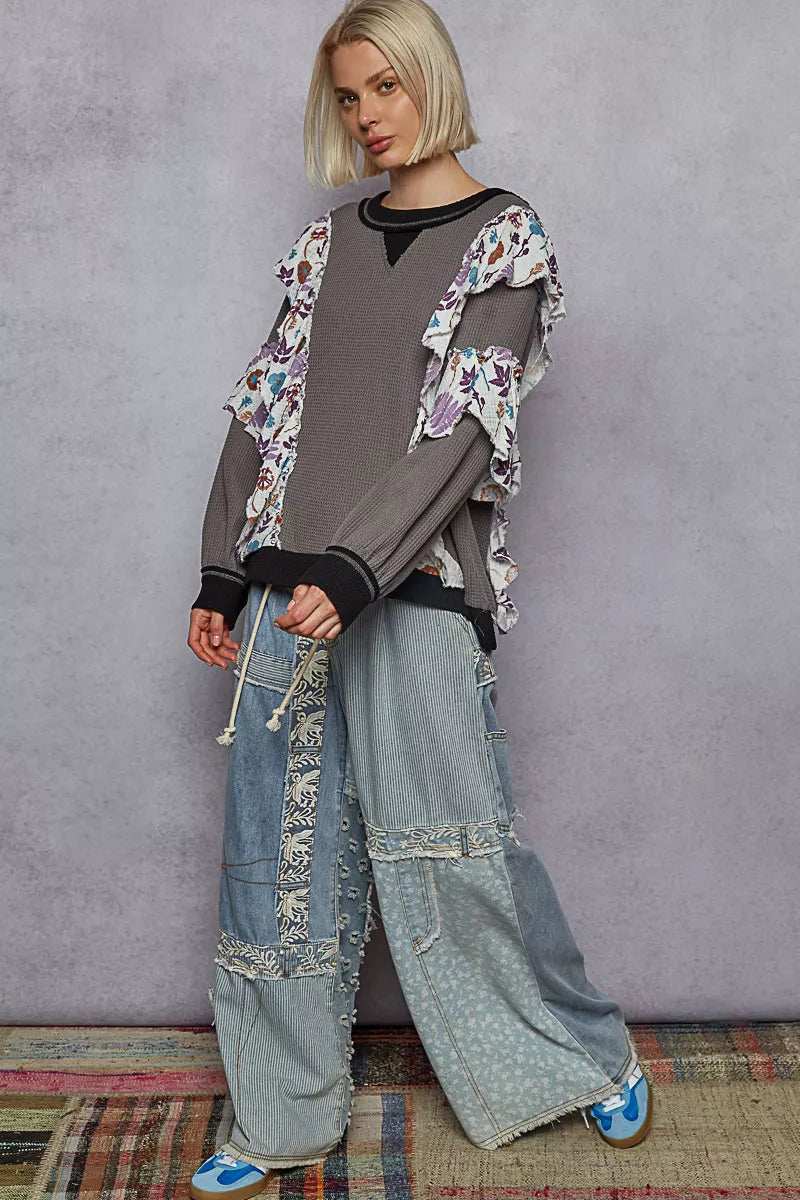 POL Round Neck Sweater with Floral Ruffle Detail - Trendsi - Flyclothing LLC