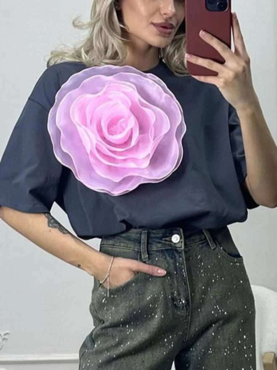 Flower Round Neck Short Sleeve T-Shirt - Trendsi - Flyclothing LLC