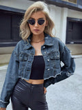 Distressed Raw Hem Cropped Denim Jacket - Trendsi - Flyclothing LLC