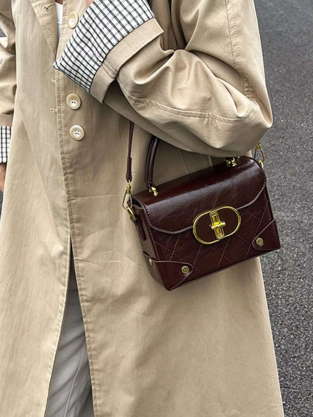 Quilted Pattern Top Handle Crossbody Bag - Trendsi - Flyclothing LLC