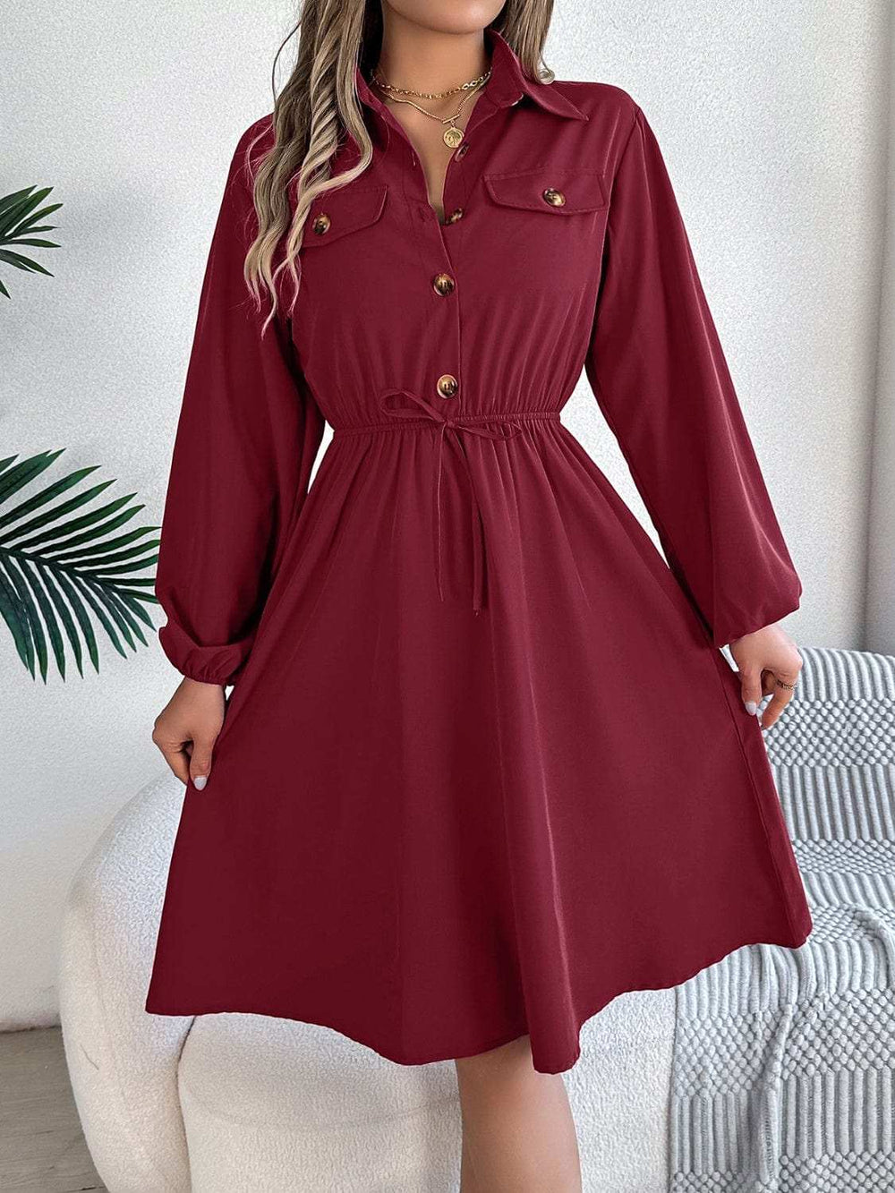 Collared Neck Long Sleeve Dress with Pockets - Trendsi - Flyclothing LLC