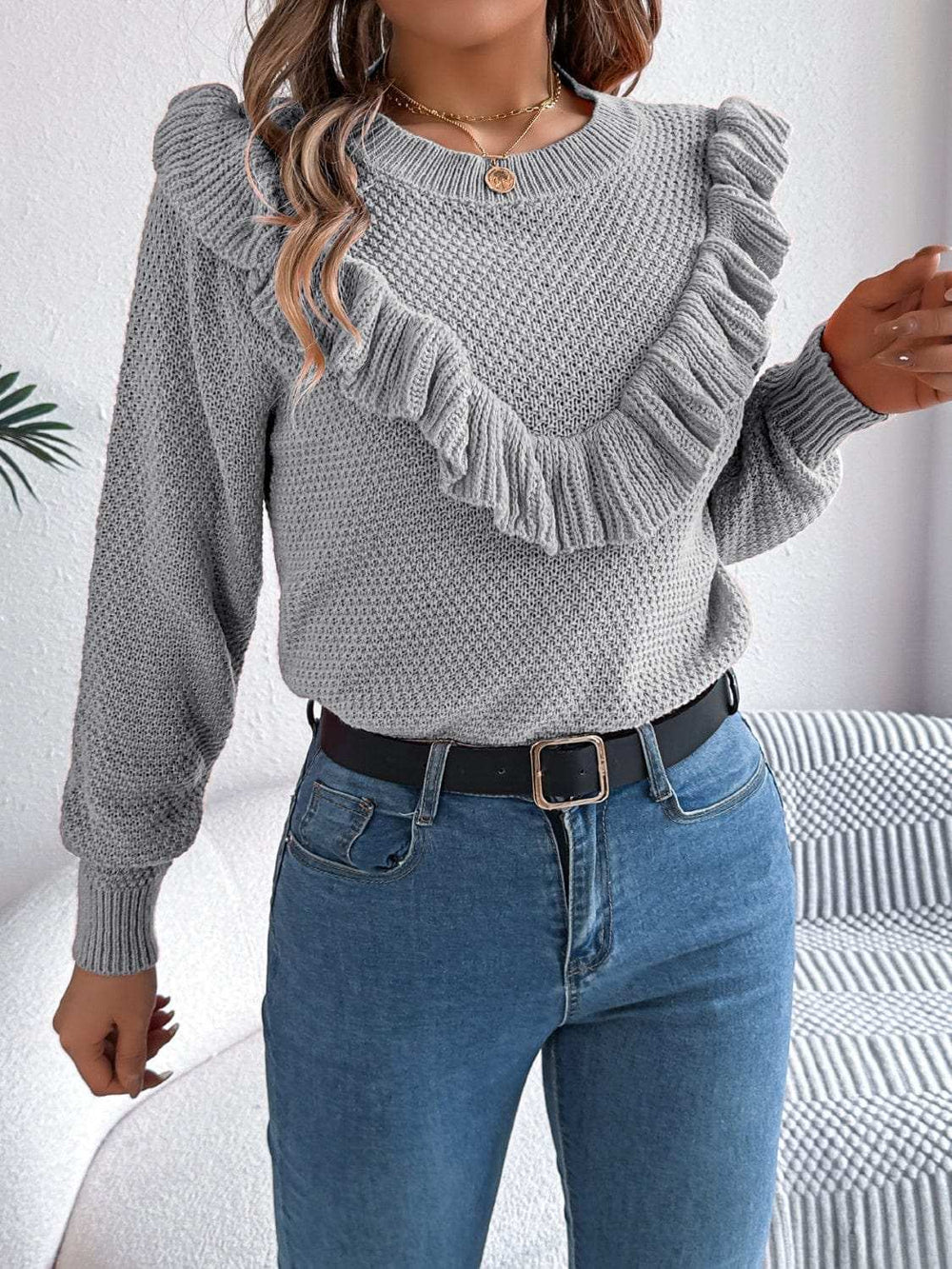 Ruffled Round Neck Long Sleeve Sweater - Trendsi - Flyclothing LLC