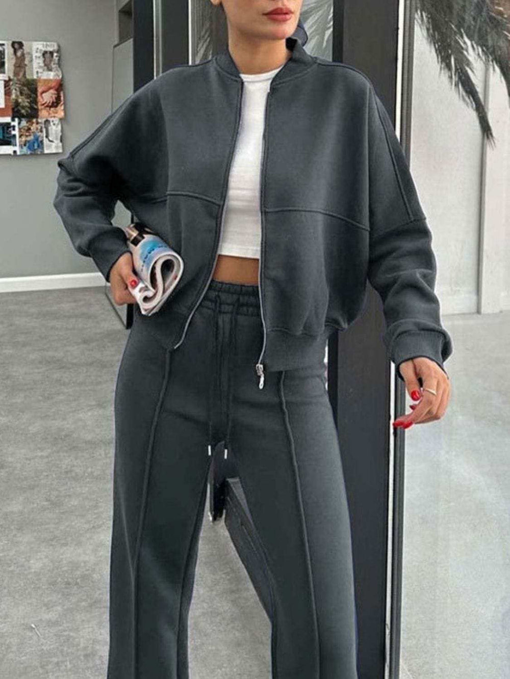 Baseball Collar Zip Up Outerwear and Drawstring Pants Set - Trendsi - Flyclothing LLC