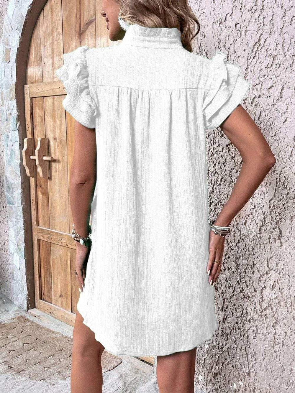 Ruffled Notched Cap Sleeve Mini Dress - Trendsi - Flyclothing LLC