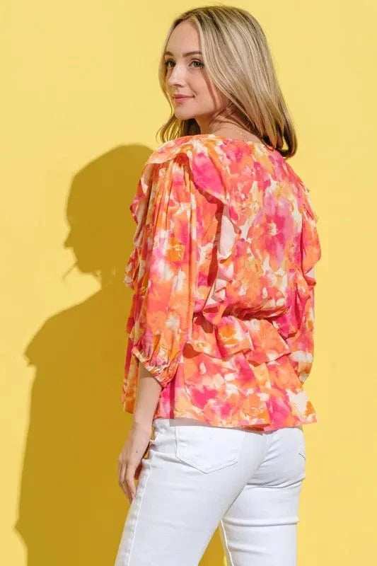 And The Why Ruffled Printed Puff Sleeve Blouse - Trendsi - Flyclothing LLC