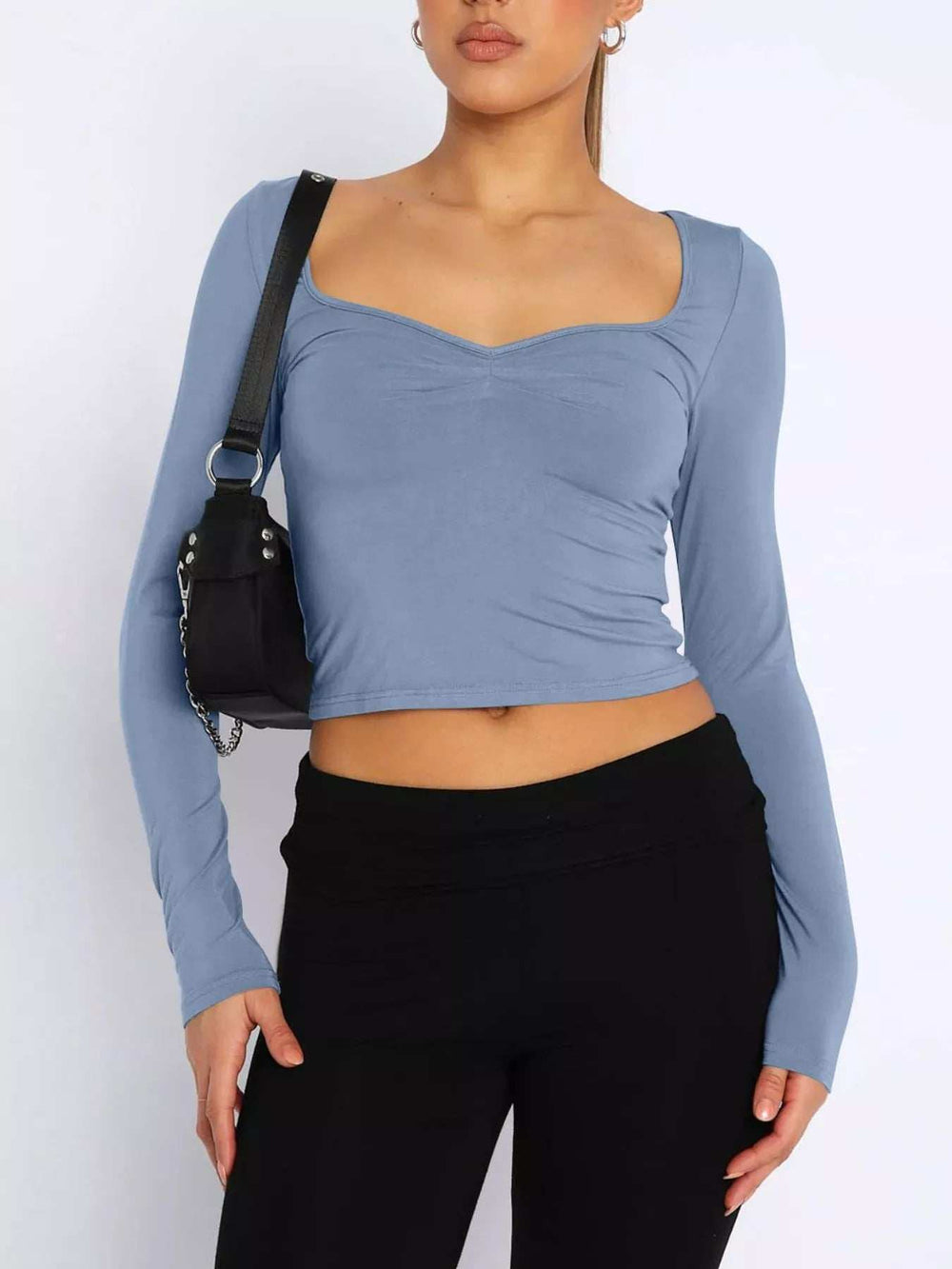 Long Sleeve Sweetheart Neck Crop T-Shirt - Trendsi - Flyclothing LLC