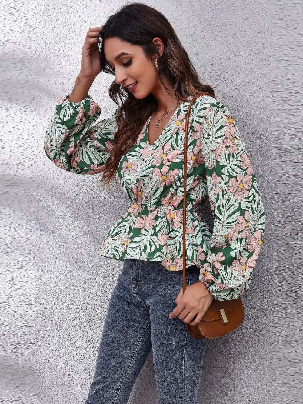 Ruched Printed V-Neck Long Sleeve Blouse - Trendsi - Flyclothing LLC