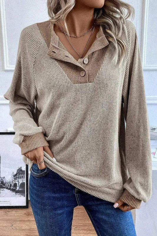 Quarter Buttoned Long Sleeve Blouse - Trendsi - Flyclothing LLC