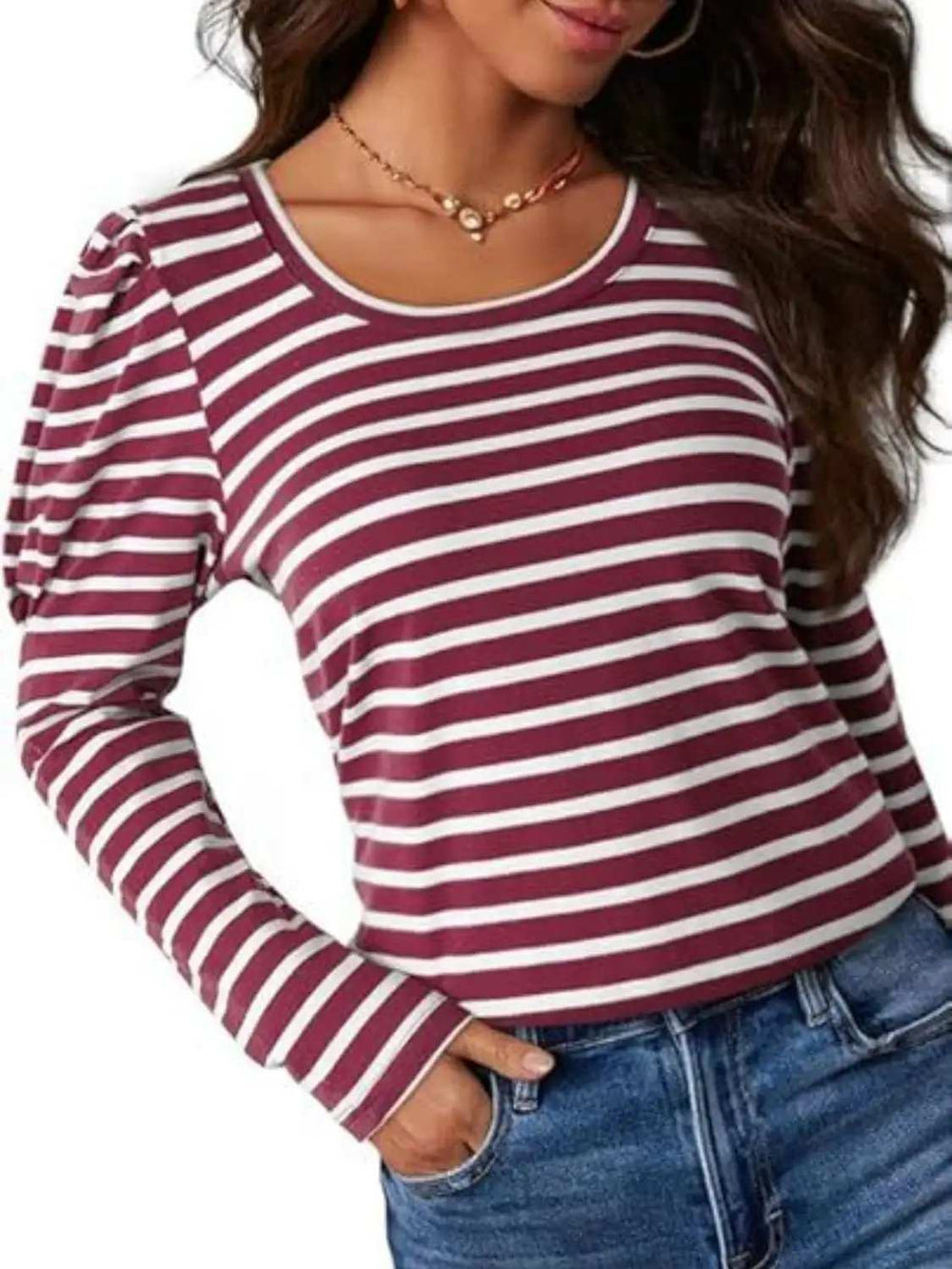 Striped Round Neck Long Sleeve T-Shirt - Trendsi - Flyclothing LLC