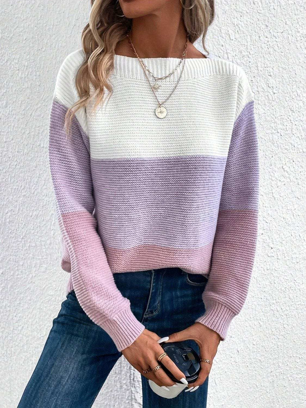 Color Block Boat Neck Sweater - Trendsi - Flyclothing LLC