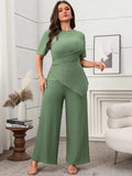 Plus Size Asymmetrical Round Neck Short Sleeve Top and Pants Set - Trendsi - Flyclothing LLC