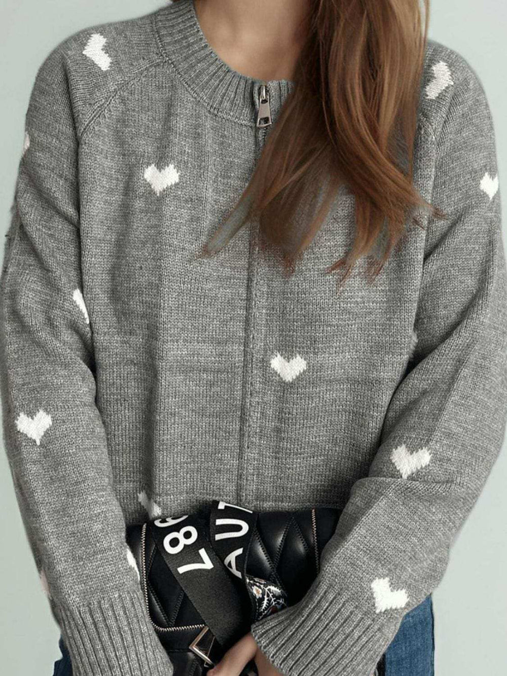 Heart Round Neck Zip Up Cardigan - Trendsi - Flyclothing LLC