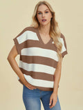 Double Take Full Size Striped V-Neck Short Sleeve Sweater - Trendsi - Flyclothing LLC