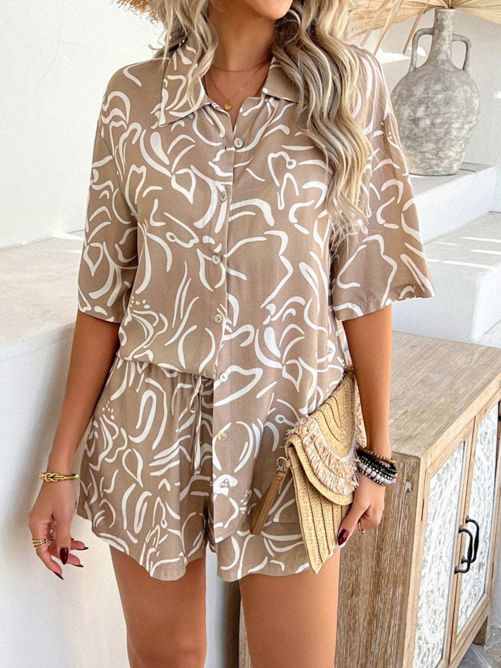 Devine Printed Collared Neck Half Sleeve Top and Shorts Set - Trendsi - Flyclothing LLC