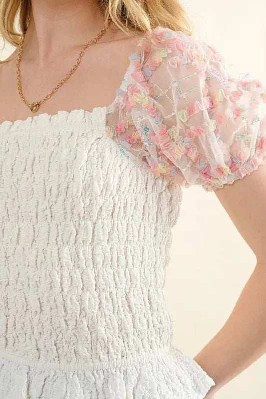 And The Why Embellishment Sleeve Smocked Top - Trendsi - Flyclothing LLC