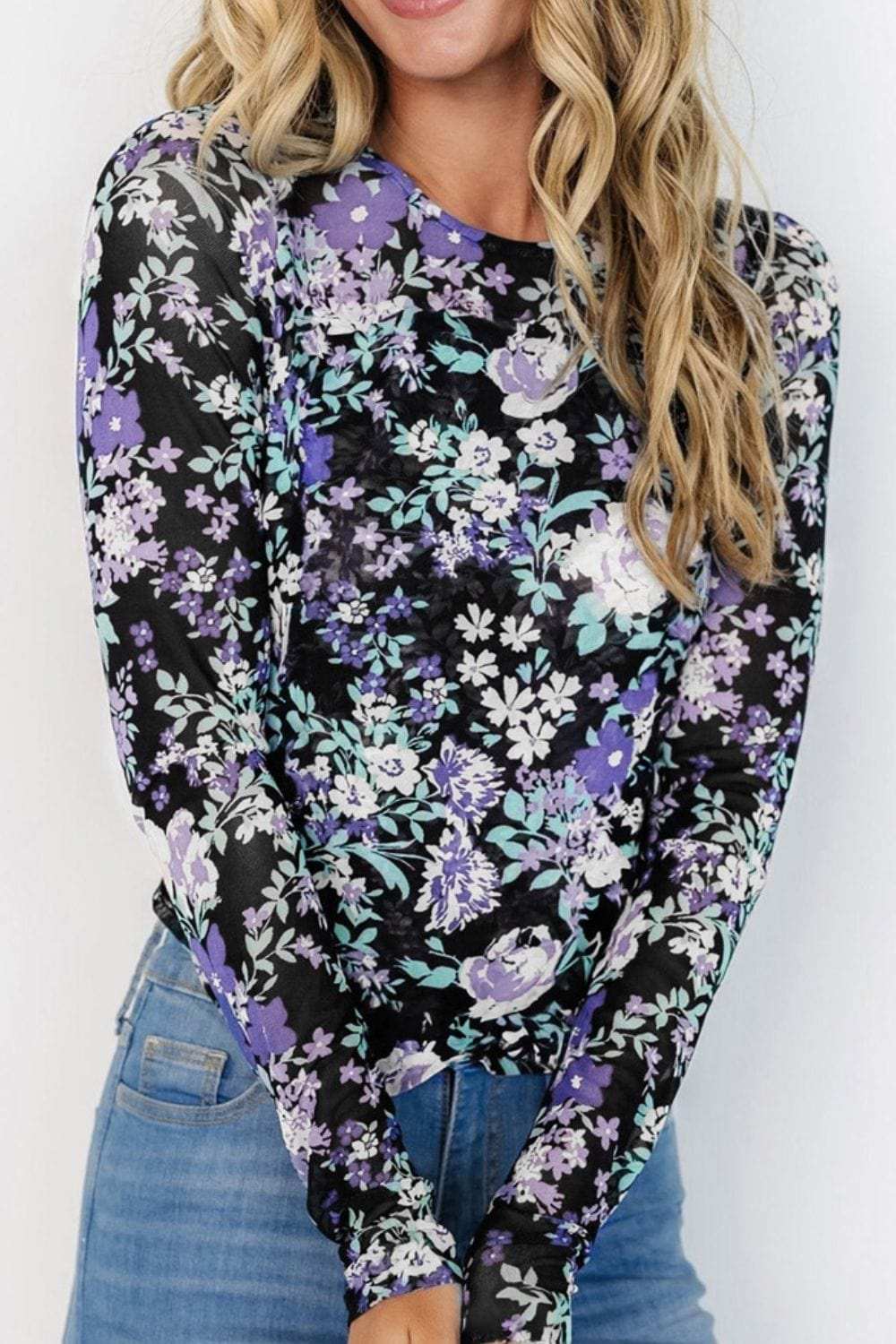 Floral Round Neck Long Sleeve T-Shirt - Trendsi - Flyclothing LLC