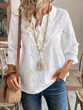 Eyelet Notched 3/4 Sleeve Blouse - Trendsi - Flyclothing LLC