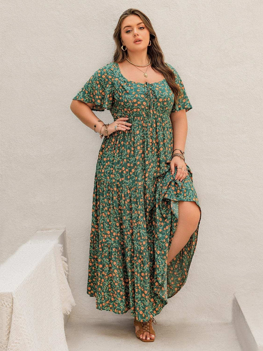Plus Size Printed Short Sleeve Tiered Maxi Dress - Trendsi - Flyclothing LLC
