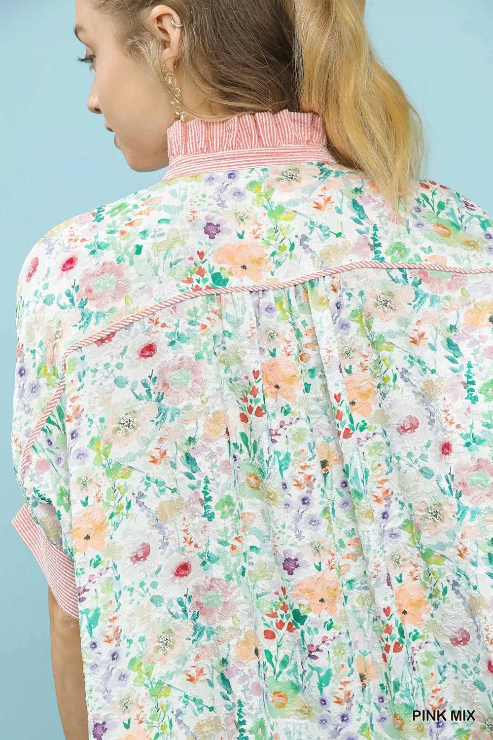 Umgee Jacquard Floral Print Button-Down Shirt - Trendsi - Flyclothing LLC