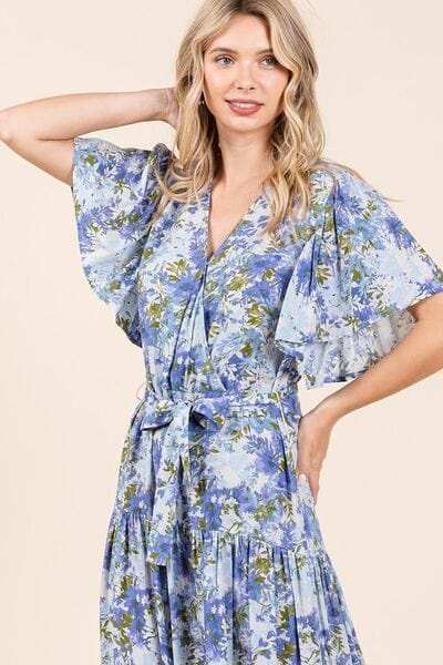 Mittoshop Floral Tie Waist Flutter Sleeve Tiered Dress - Trendsi - Flyclothing LLC
