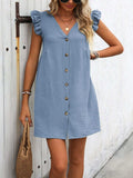 Button Up V-Neck Cap Sleeve Mini Dress - Trendsi - Flyclothing LLC