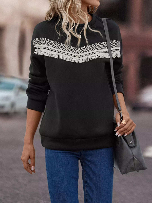 Fringe Trim Crew Neck Sweatshirt - Trendsi - Flyclothing LLC