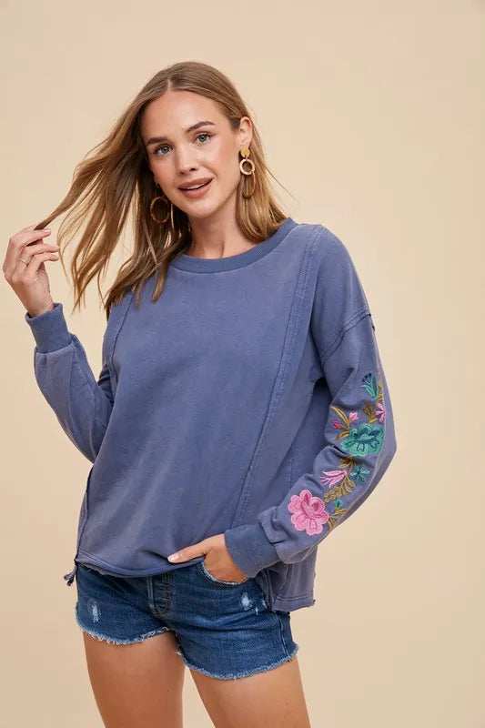 Annie Wear Embroidered Long Sleeve French Terry Top - Trendsi - Flyclothing LLC