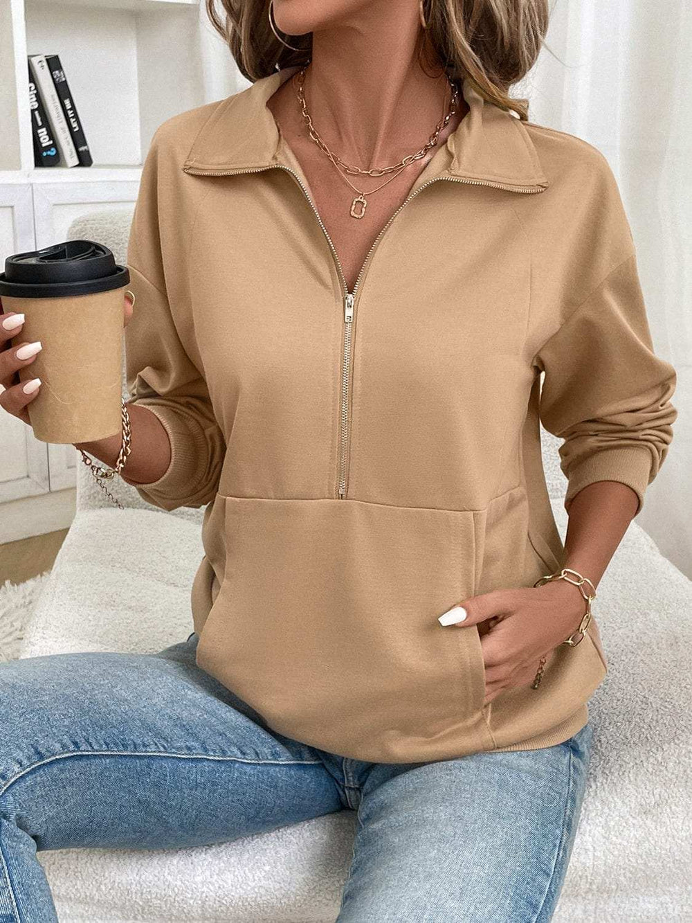 Half Zip Kangaroo Pocket Long Sleeve Sweatshirt - Trendsi - Flyclothing LLC