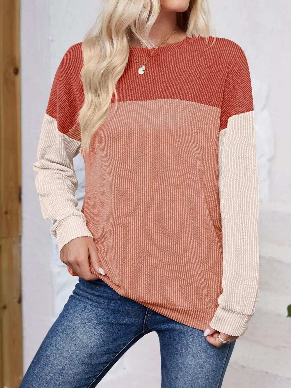 Color Block Round Neck Long Sleeve Sweatshirt - Trendsi - Flyclothing LLC