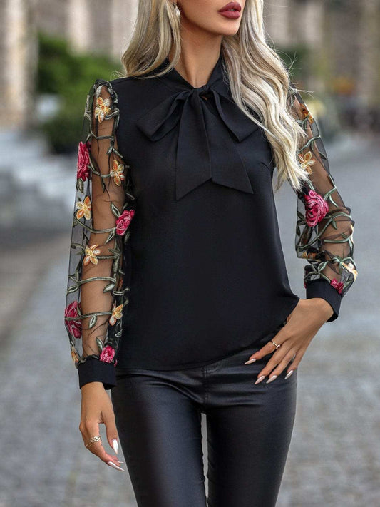 Printed Tie Neck Long Sleeve Blouse - Trendsi - Flyclothing LLC